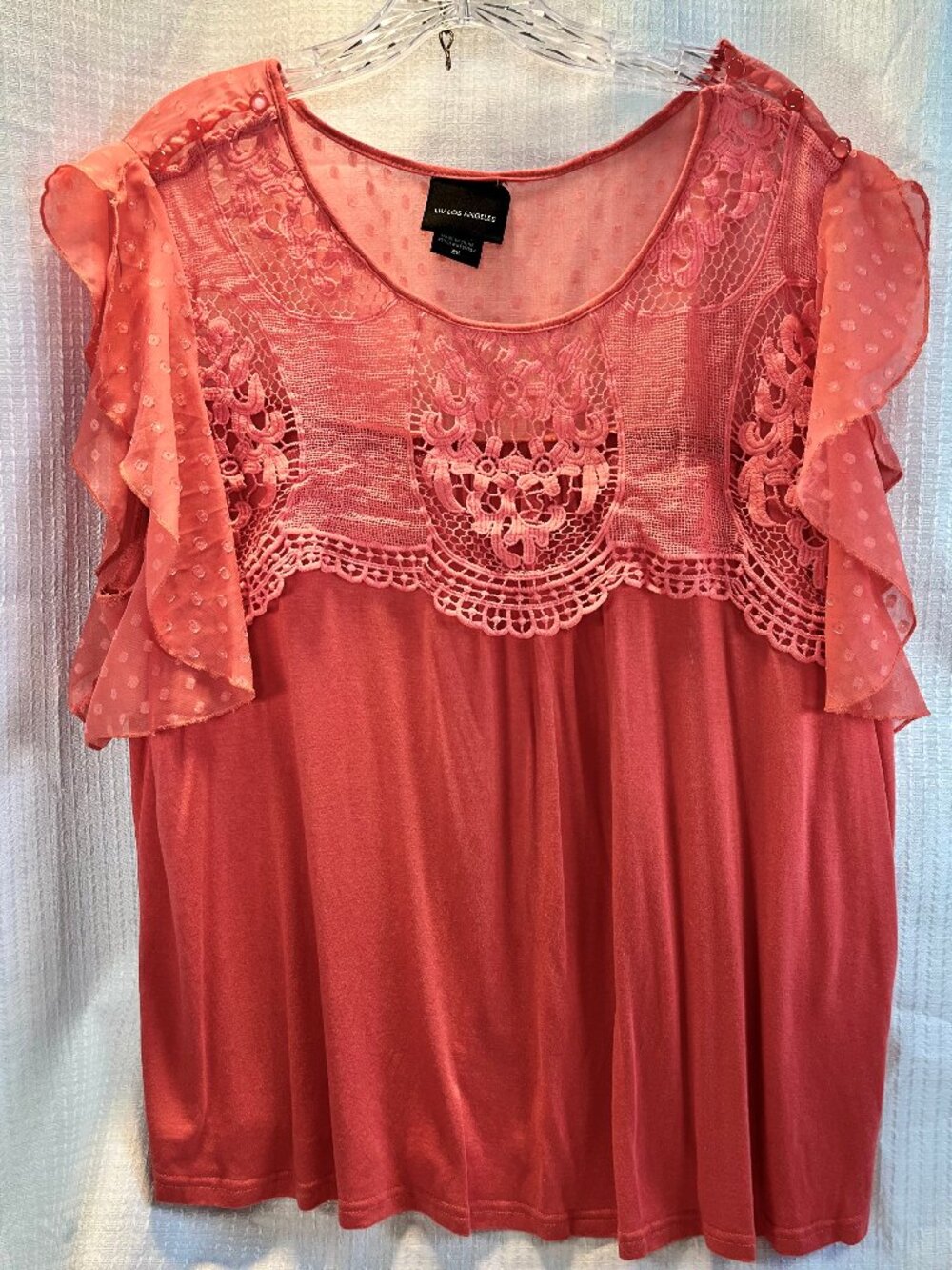 Liv Los Angeles Plus-Size Peasant Blouse with Flutter Sleeves Coral size 2X